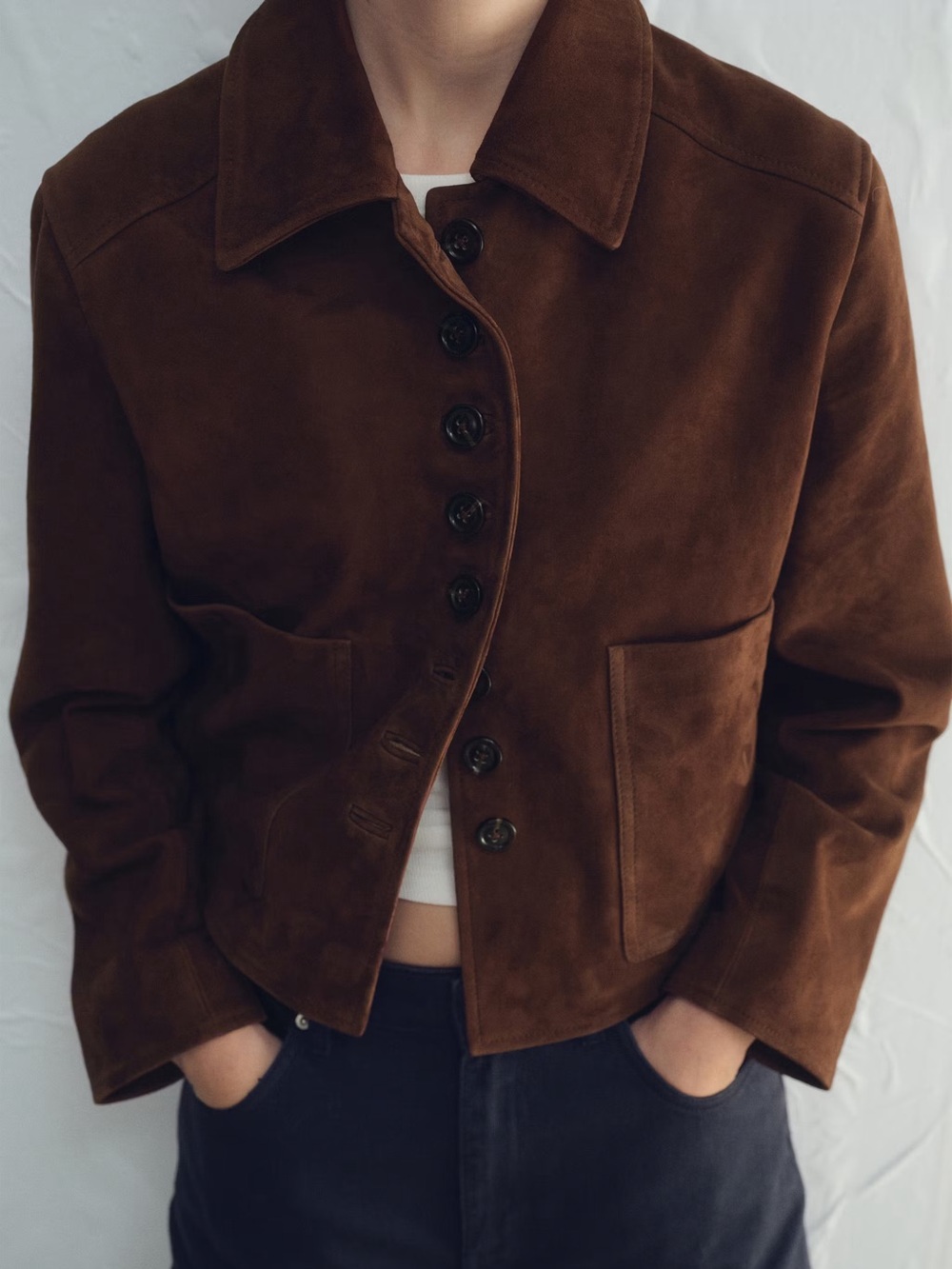 Mango MNG Genuine Goat Suede Leather Button Jacket in Burnt Orange $430 MSRP - Picture 3 of 15